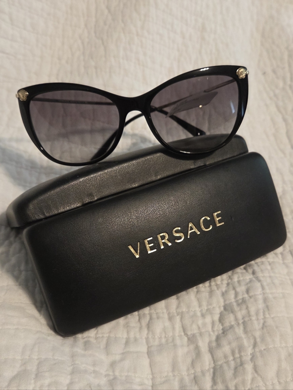 Discontinued Versace VE4345 Black Cat-Eye Sunglasses with Gold Medusa Accents